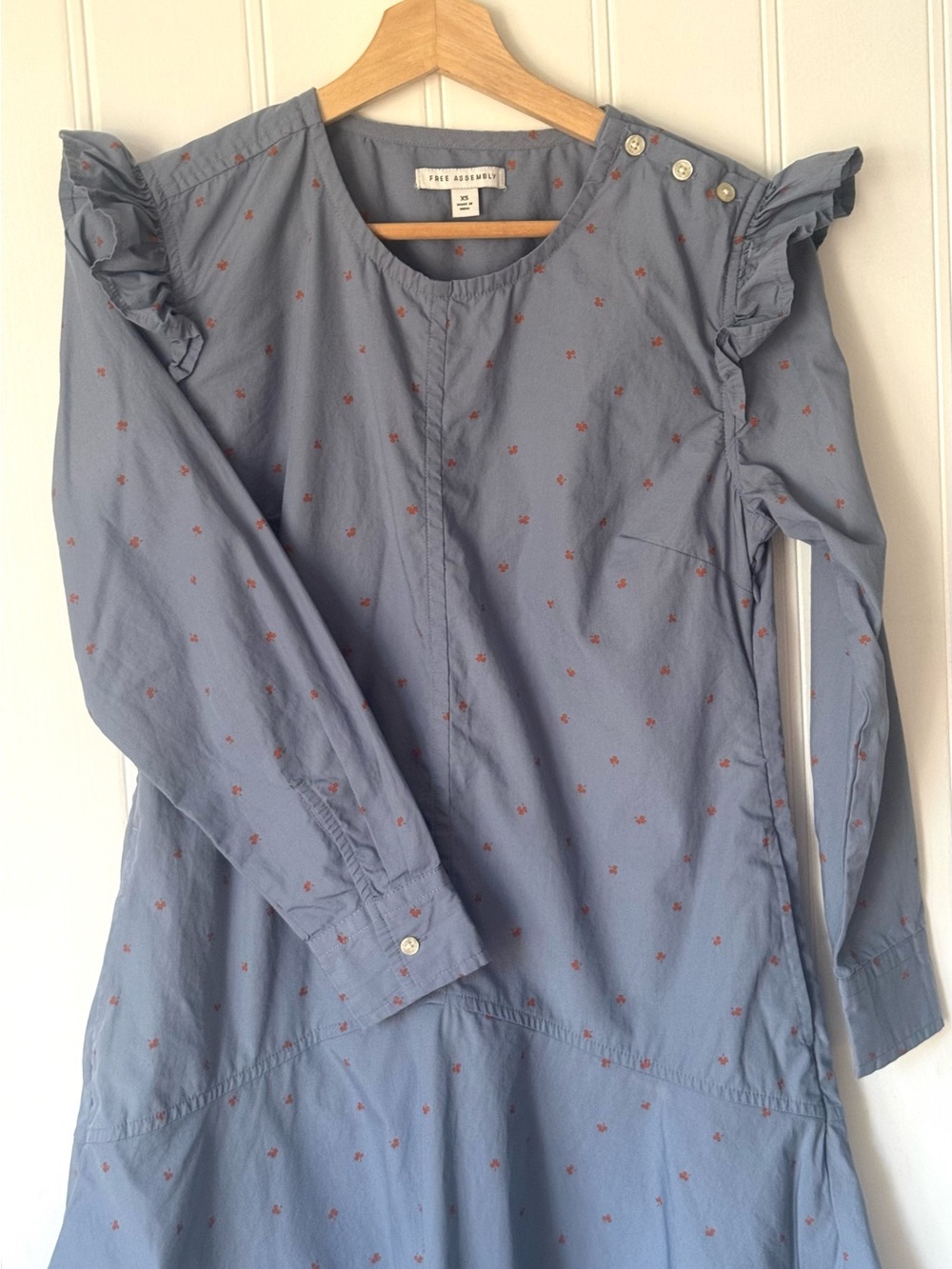 Free Assembly 100% Cotton Ruffle Shoulder Mini Dress XS Muted Blue